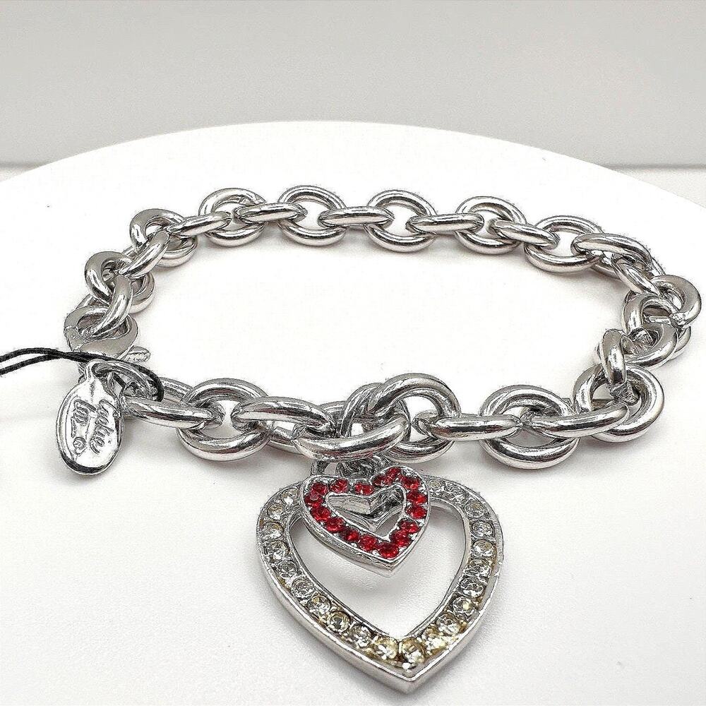 Vintage Y2K Cookie Lee Silver Tone Chunky Chain Bracelet Double Rhinestone Heart